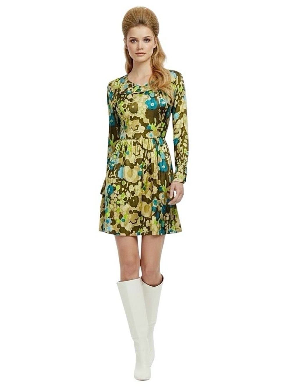 Vintage 60s Neiman Marcus Psychedelic Floral Mini Dress XS Long Sleeve Mod Twee